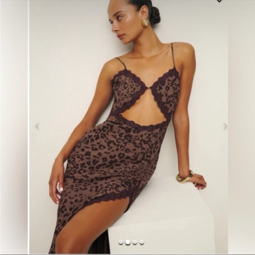 REFORMATION ANNALISA ANIMAL PRINT SLIP DRESS SIZE 0 MIDI LENGTH CUTOUT FRONT